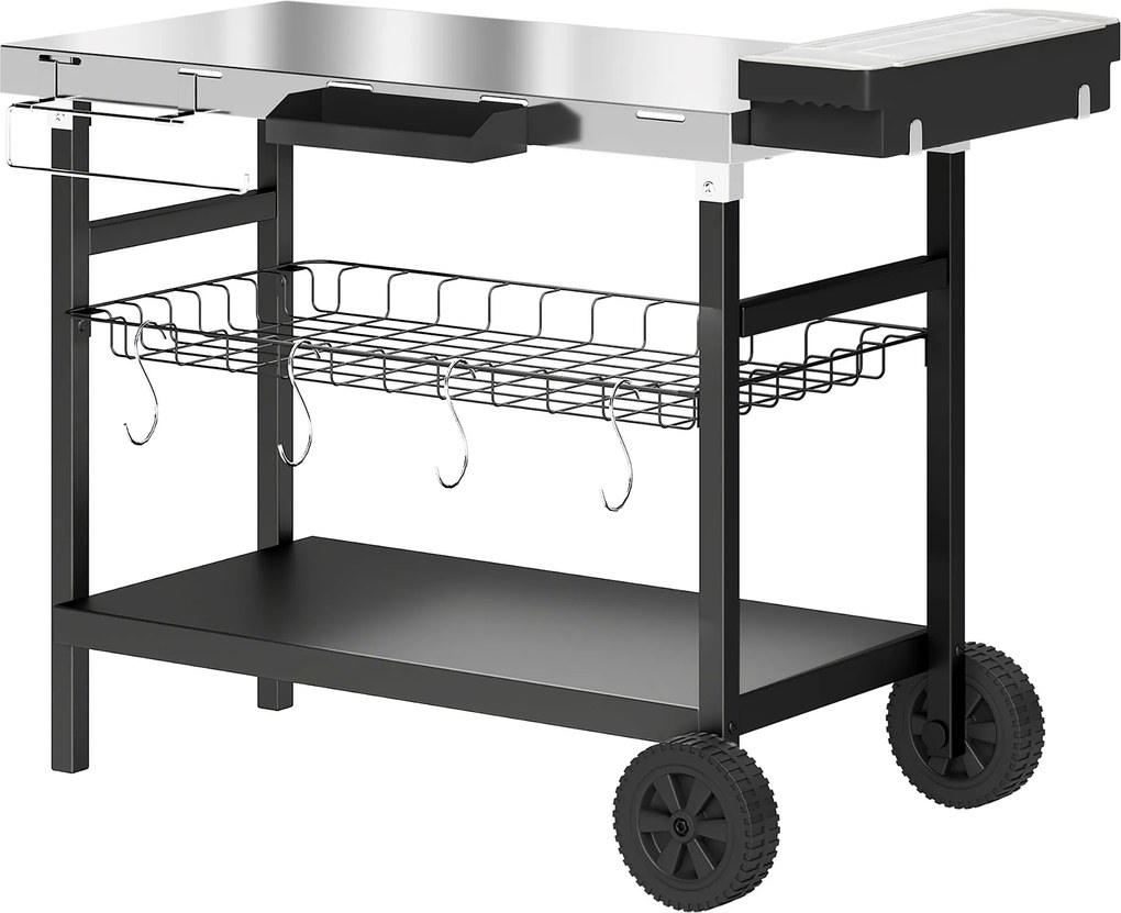 Outsunny Cărucior de grădină cu 3 niveluri, blat din inox, roți, cârlige, coș detașabil, mâner lateral, 114x61x81 cm, negru | Aosom Romania