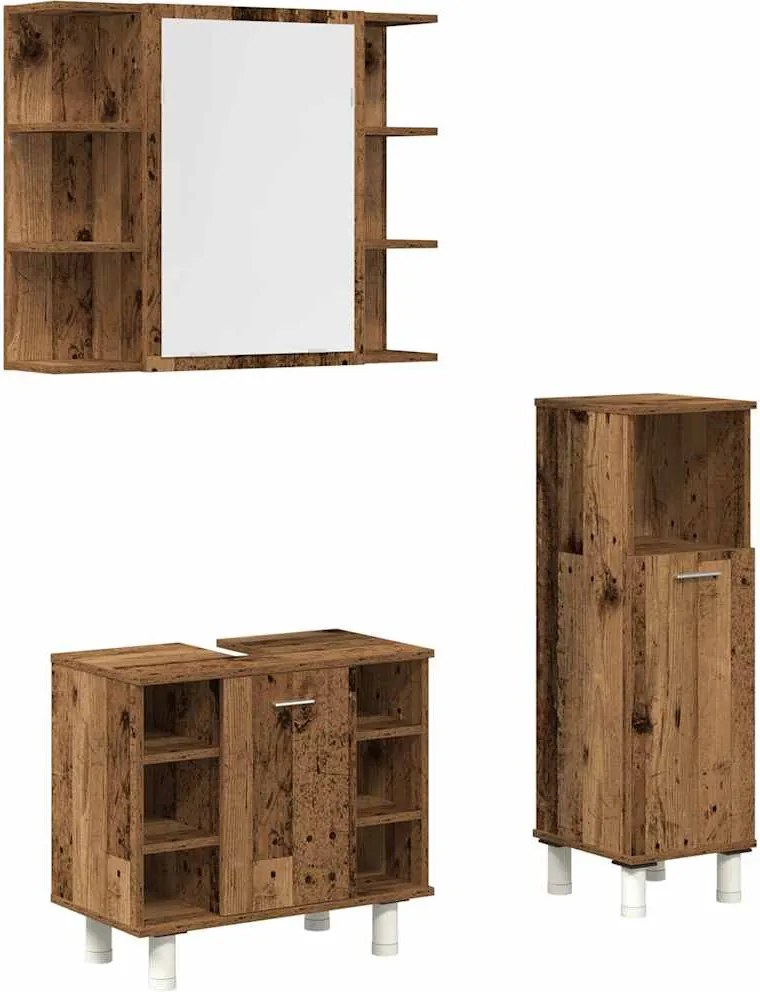 vidaXL Set mobilier de baie, 3 piese, lemn vechi, lemn prelucrat