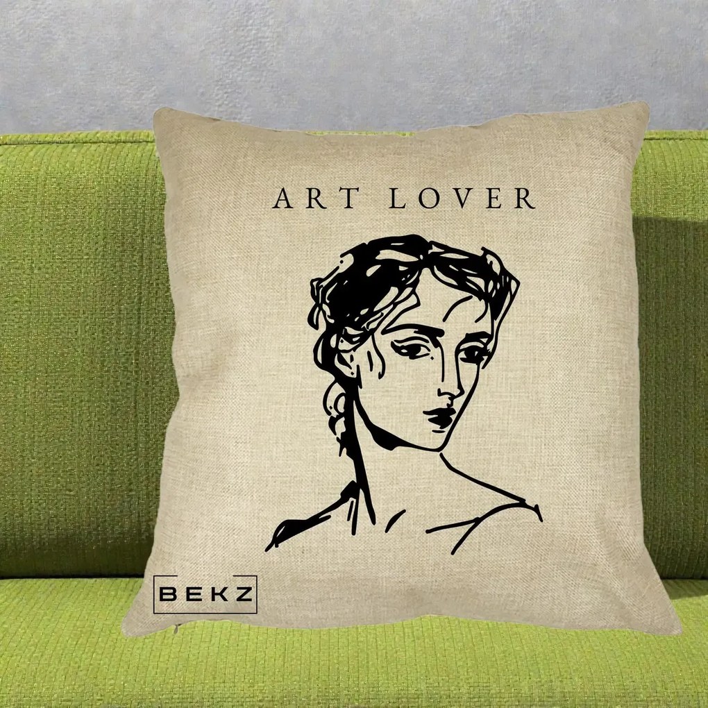 Perna Decorativa Art Lover Portret Grafic, 40x40 cm, Crem, Husa Detasabila, Perna Inclusa, BEKZ®