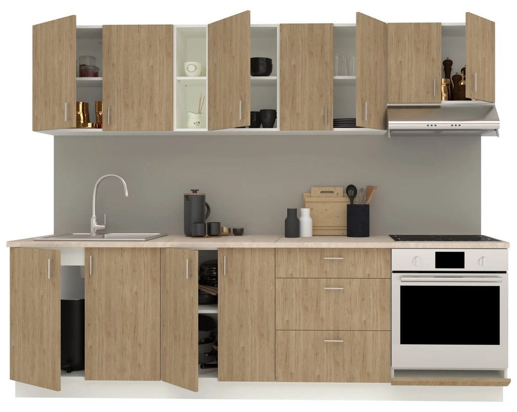Set Bucatarie Karo V18, Lemn Natural/Alb, Blat Thermo 28 mm, L 260 cm