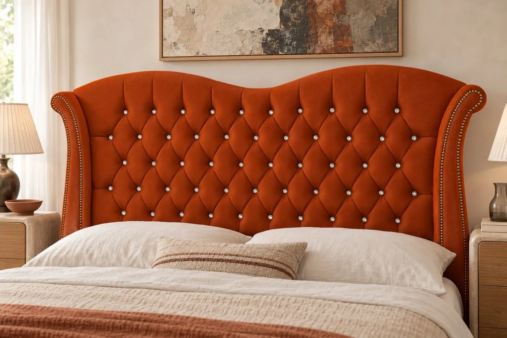 Pat tapițat Chesterfield Avella 160×200 cm, cărămiziu, cu ladă de depozitare