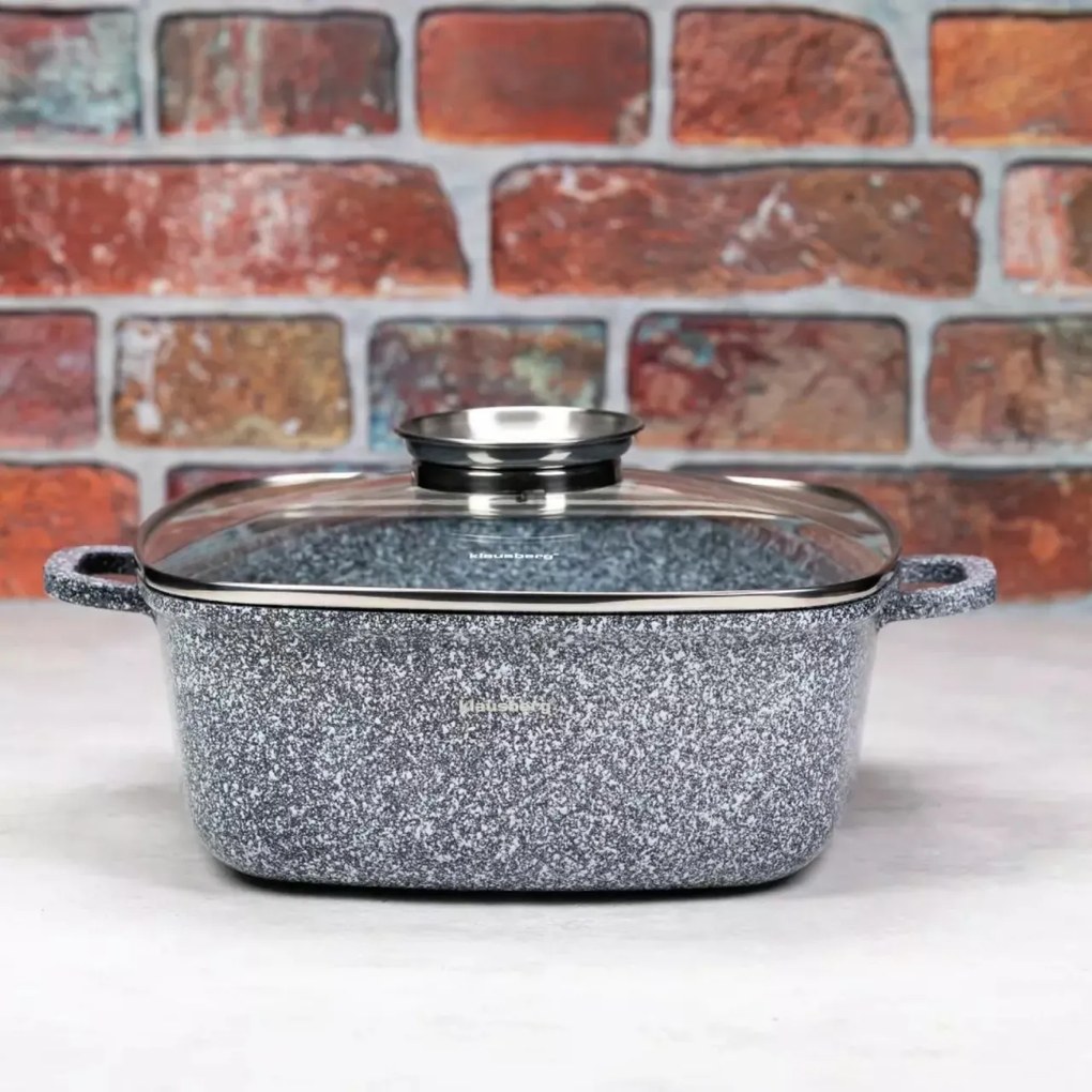 Oală pătrată cu capac 24x24 cm, 4.4L – Klausberg KB 7530, strat marmură, gri, compatibilă cu inducție, gătit fără ulei