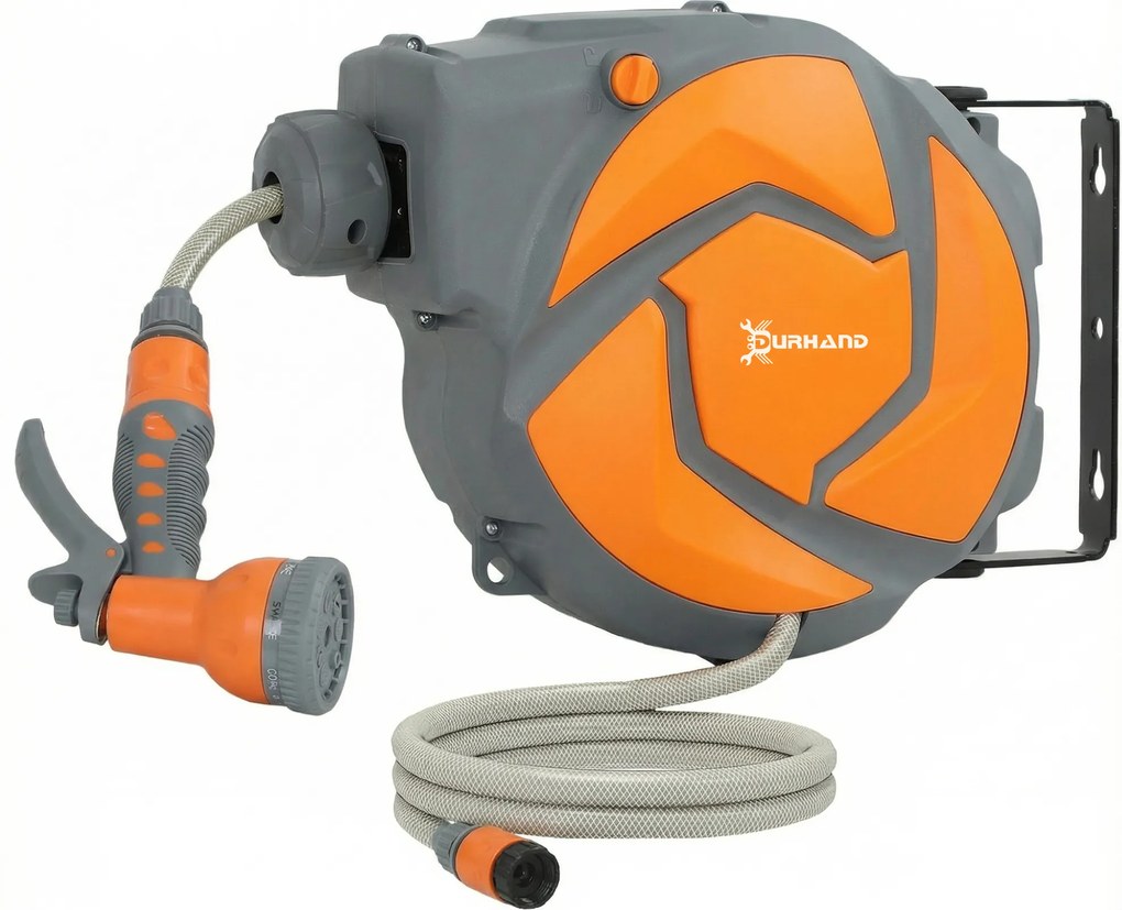 DURHAND Furtun retractabil de perete cu derulator 10+1 m, retragere automată și duză cu 7 funcții, rotire 180° | Aosom Romania