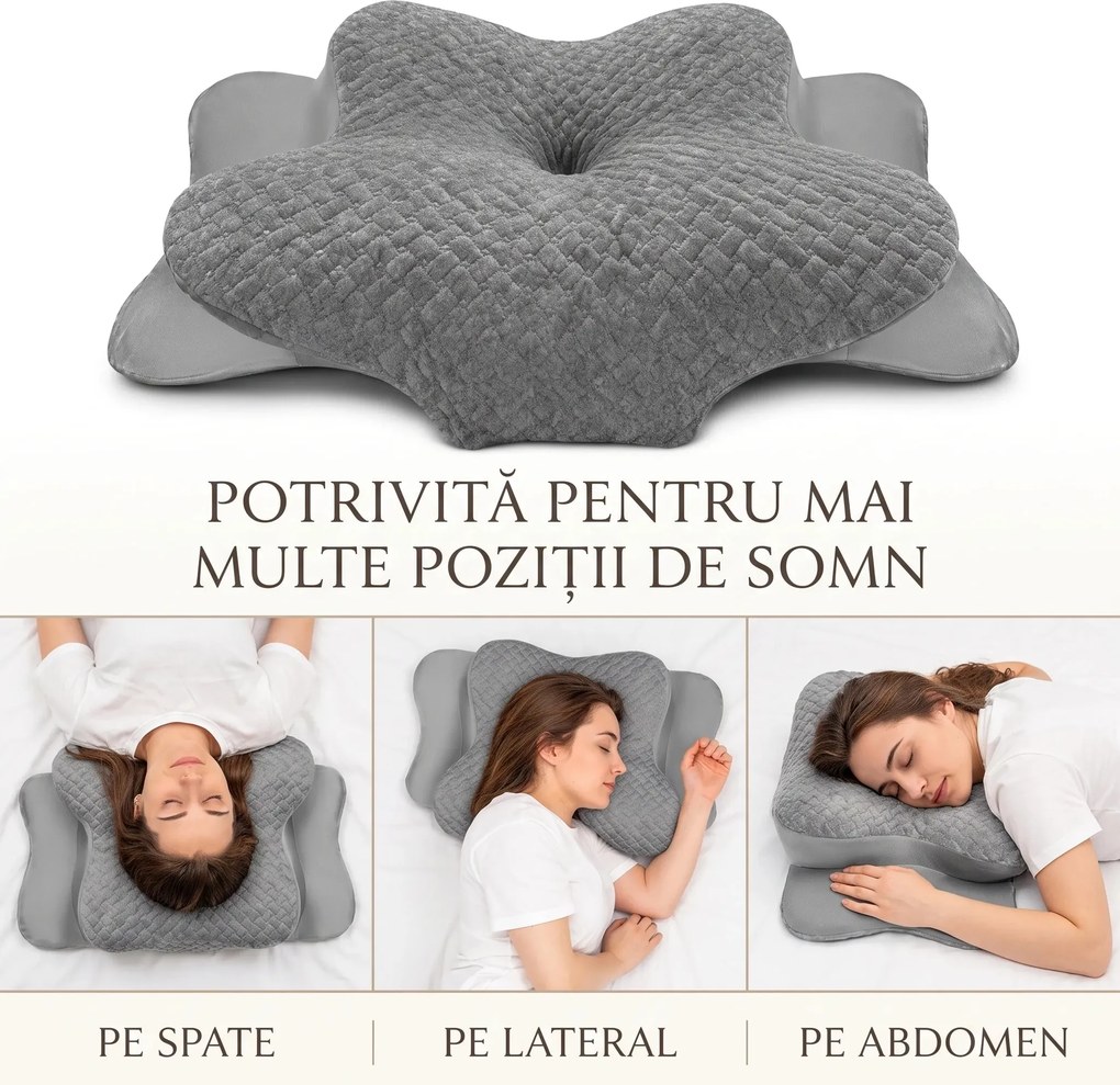 Perna cervicala ortopedica memory foam, husa Tencel, Gri