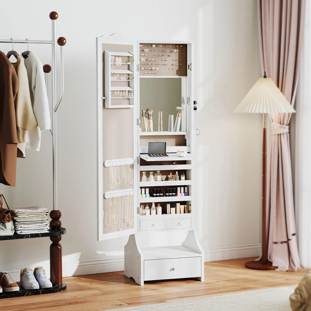 HOMCOM Oglindă pentru bijuterii cu iluminare LED Dulap bijuterii cu oglindă reglabilă pe 4 unghiuri Sertare Etajeră interioară pliabilă Alb | Aosom Romania