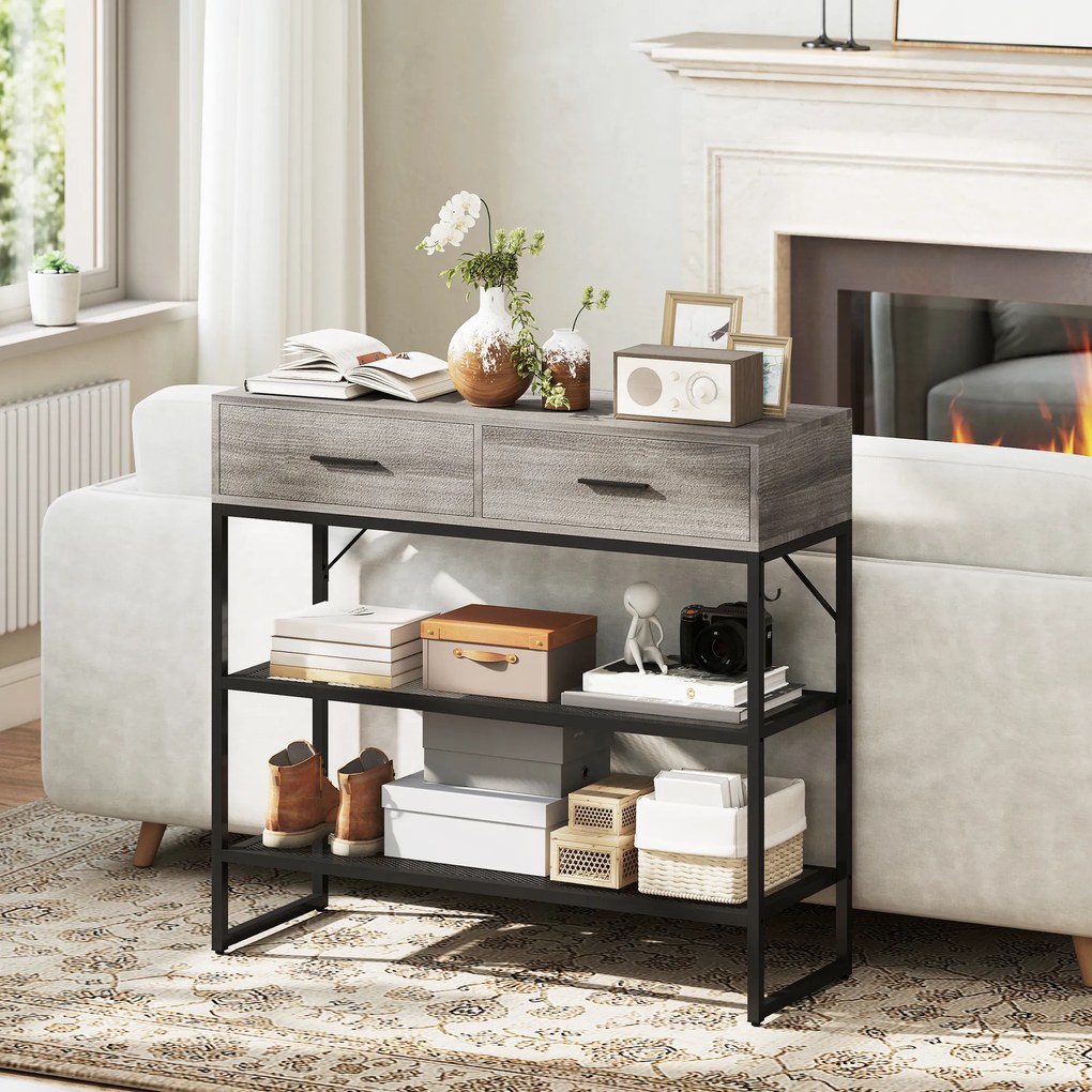 HOMCOM Console Table with 2 Drawers and 2 Mesh Shelves, Hallway Table with Metal Frame for Living Room, Entryway, Light Grey Wood Effect | Aosom Romania