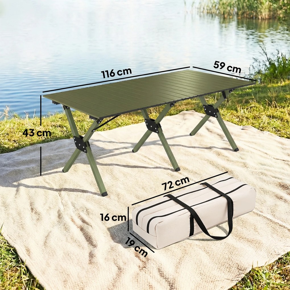 Outsunny Masă de Camping Pliabilă 116 cm, Masă de Picnic Impermeabilă cu Blat Rulabil și Cadru Metalic, Verde | Aosom Romania