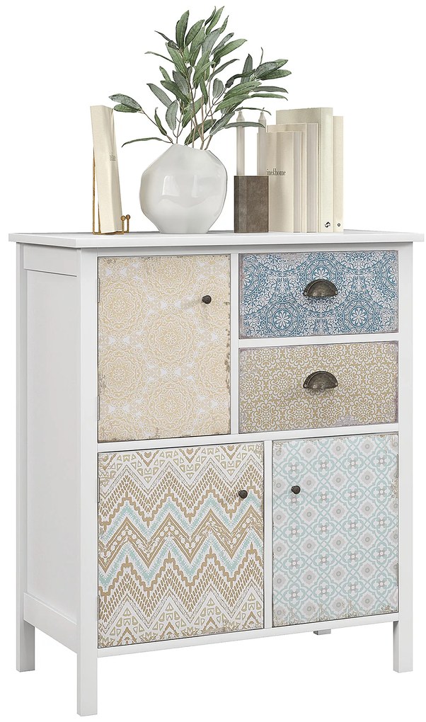 HOMCOM Șifonier, Rustic elegant, 2 sertare, 3 dulapuri, lemn de pin, 68x34x80cm, Alb | Aosom Romania