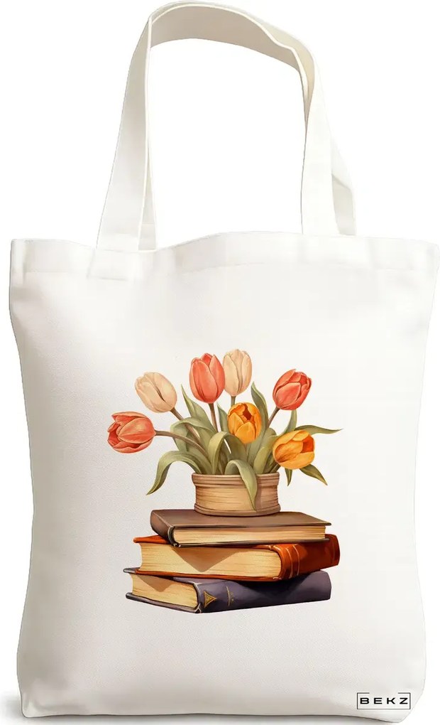 Sacosa de Panza pentru Cumparaturi, Geanta Tote, model Books and flowers 13 38 x 34.5 cm, Alba, BEKZ®