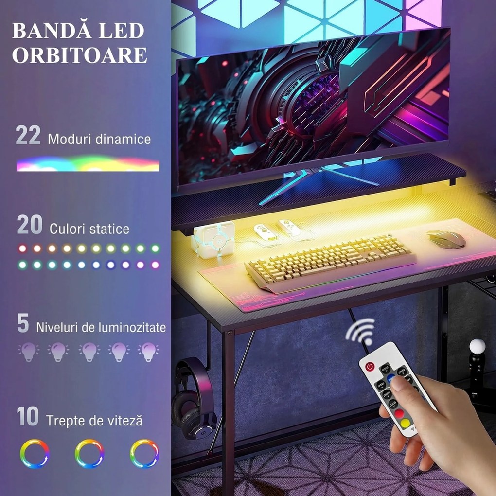 HOMCOM Birou de Gaming în Formă de L cu Lumini LED, Birou de Colț Reversibil cu Rafturi de Depozitare, 107x80x90 cm, Negru | Aosom Romania