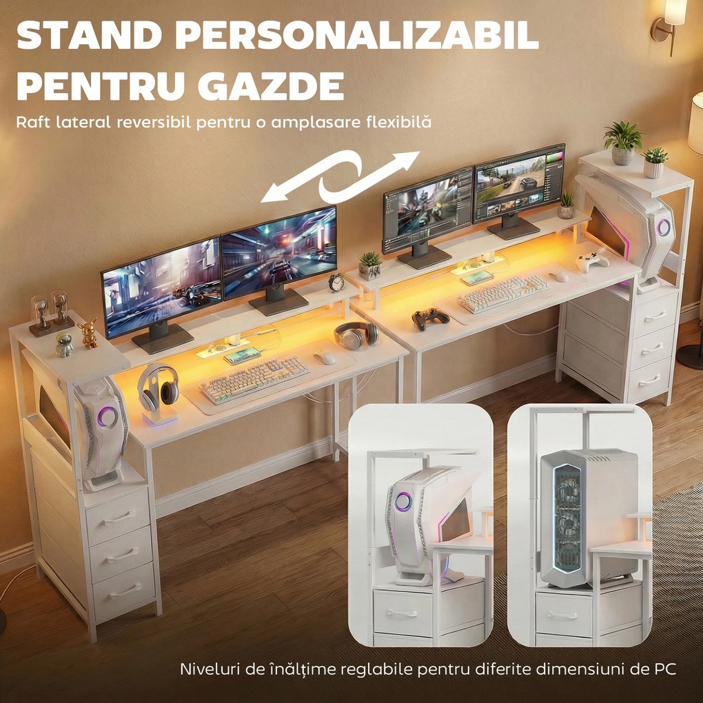 HOMCOM Birou Gaming cu Suport CPU Reglabil Reversibil și LED, 147x47 cm, Stație de Încărcare, Suport Monitor, 3 Sertare din Material Textil, pentru Acasă, Birou sau Studio, Alb | Aosom Romania