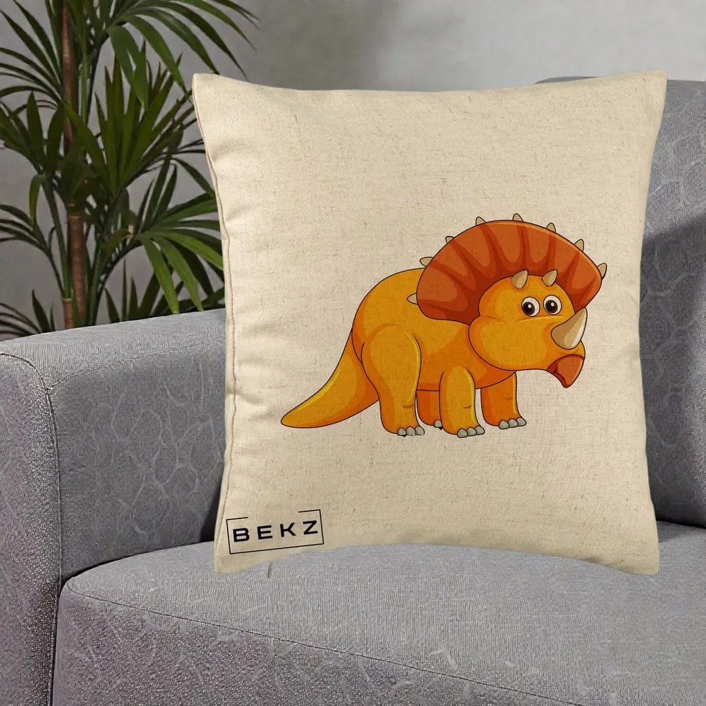 Perna Decorativa Triceratops Portocaliu, 40x40 cm, Bej, Husa Detasabila, Perna Inclusa, BEKZ®