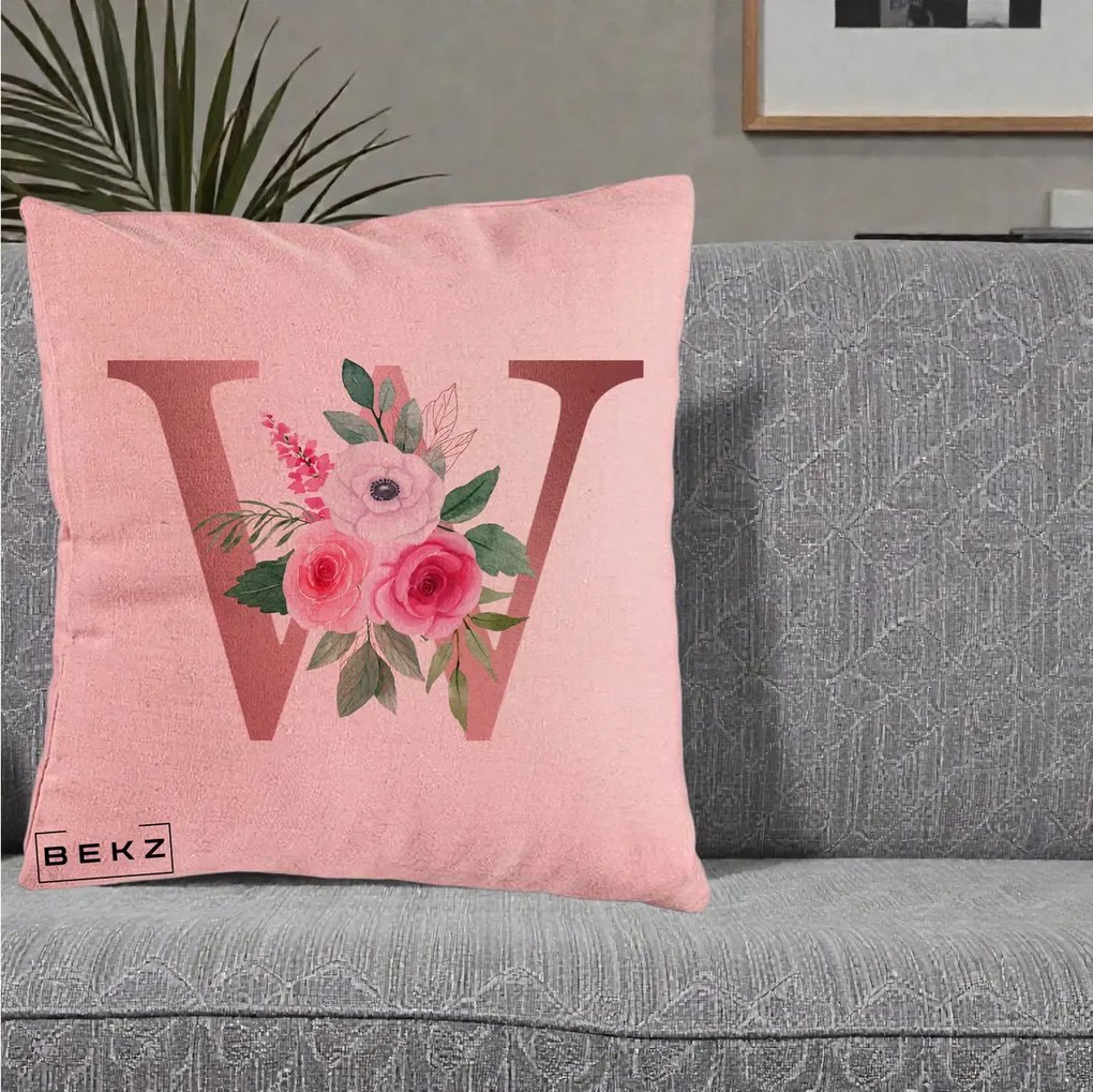 Cadou Personalizat - Perna Personalizata Monograma Rose Gold Litera W cu Trandafiri si Anemona, 40x40 cm, Roz, Husa Detasabila, Perna Inclusa, BEKZ®