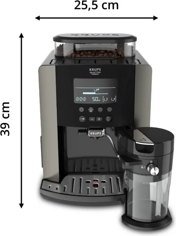 Espressor automat Krups Arabica Latte EA819E10, 1450W, 15 bar, 1.7 l, LCD, 5 programe, 3 functii, 3 setari de temperatura si aroma, Milk Comfort / One Touch Cappuccino, Negru