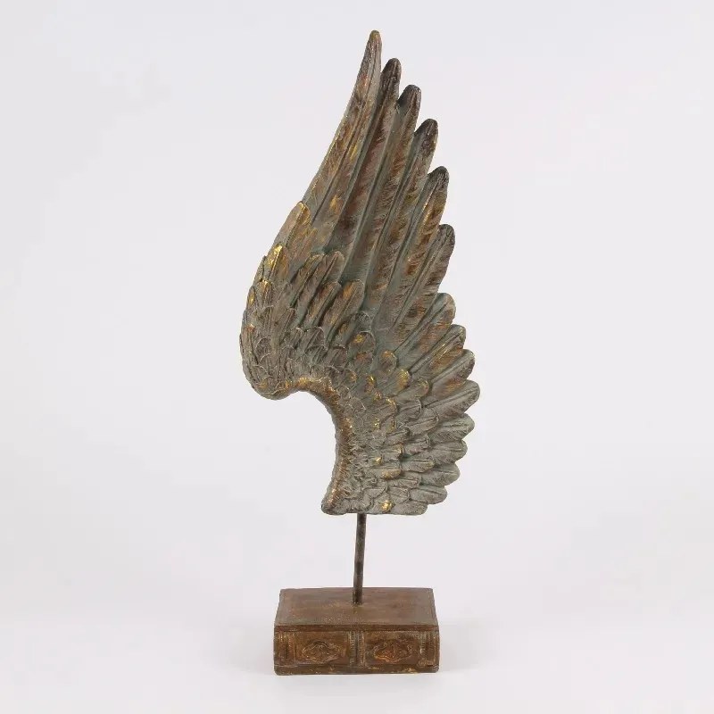 Statuetă decorativă din polirășină, auriu, aripă de înger pe suport, finisaj antichizat, 60 x 23 x 13 cm, „Icare”