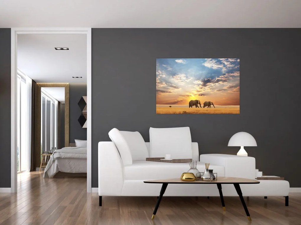 Tablou - Elefanți rătăcind în savană (90x60 cm)