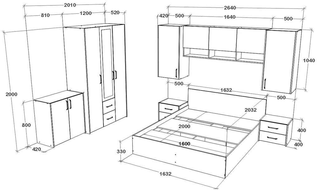 Set dormitor Malmo haaus V14, Pat 200 x 140 cm, Stejar Artisan/Argila