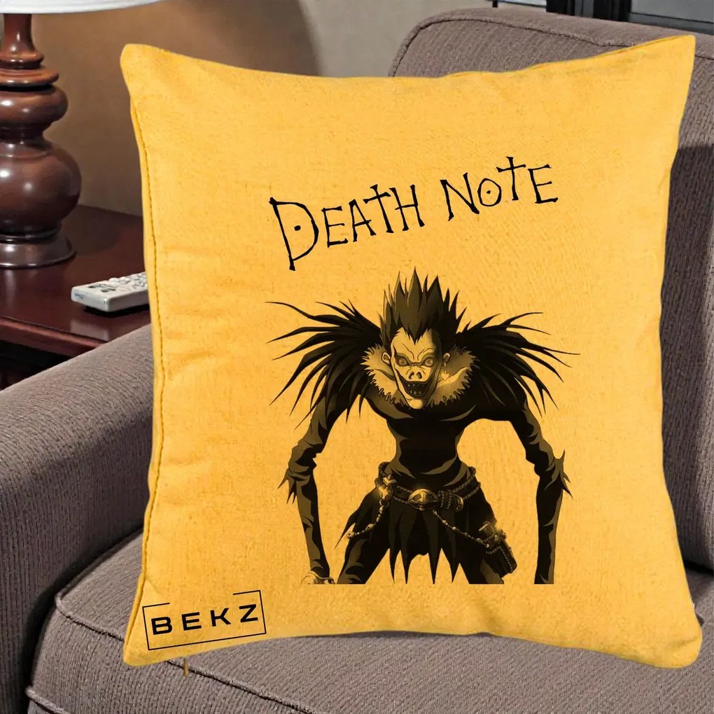 Perna Personalizata Death Note Ryuk Shinigami Alb-Negru, 40x40 cm, Galben, Husa Detasabila, Perna Inclusa, BEKZ®