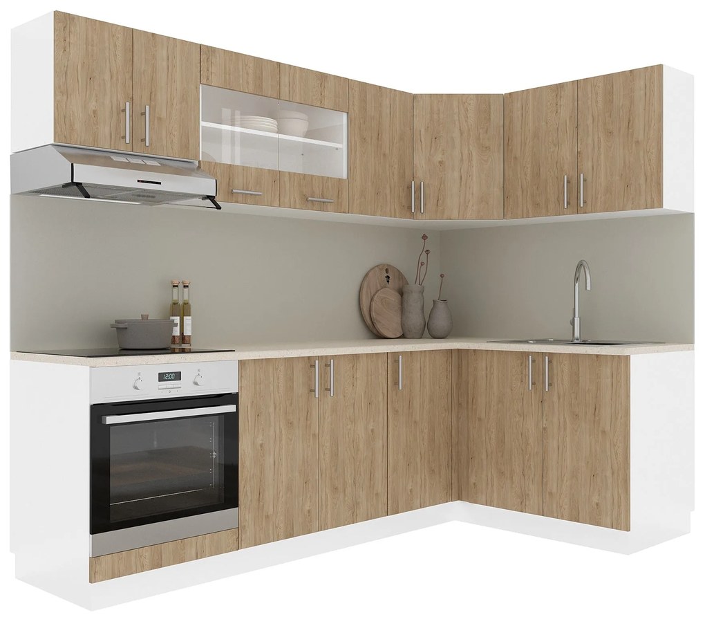 Set Bucatarie Colt Karo V34, Lemn Natural/Alb, Blat Thermo 28 mm, L 240 x 140 cm