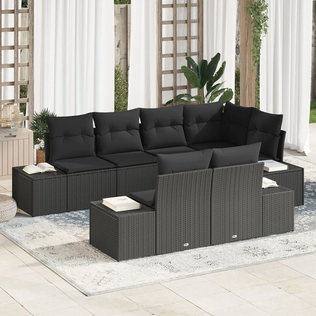 vidaXL Set de canapele pentru grădină cu pernă 7 pcs Negru Rattan poli