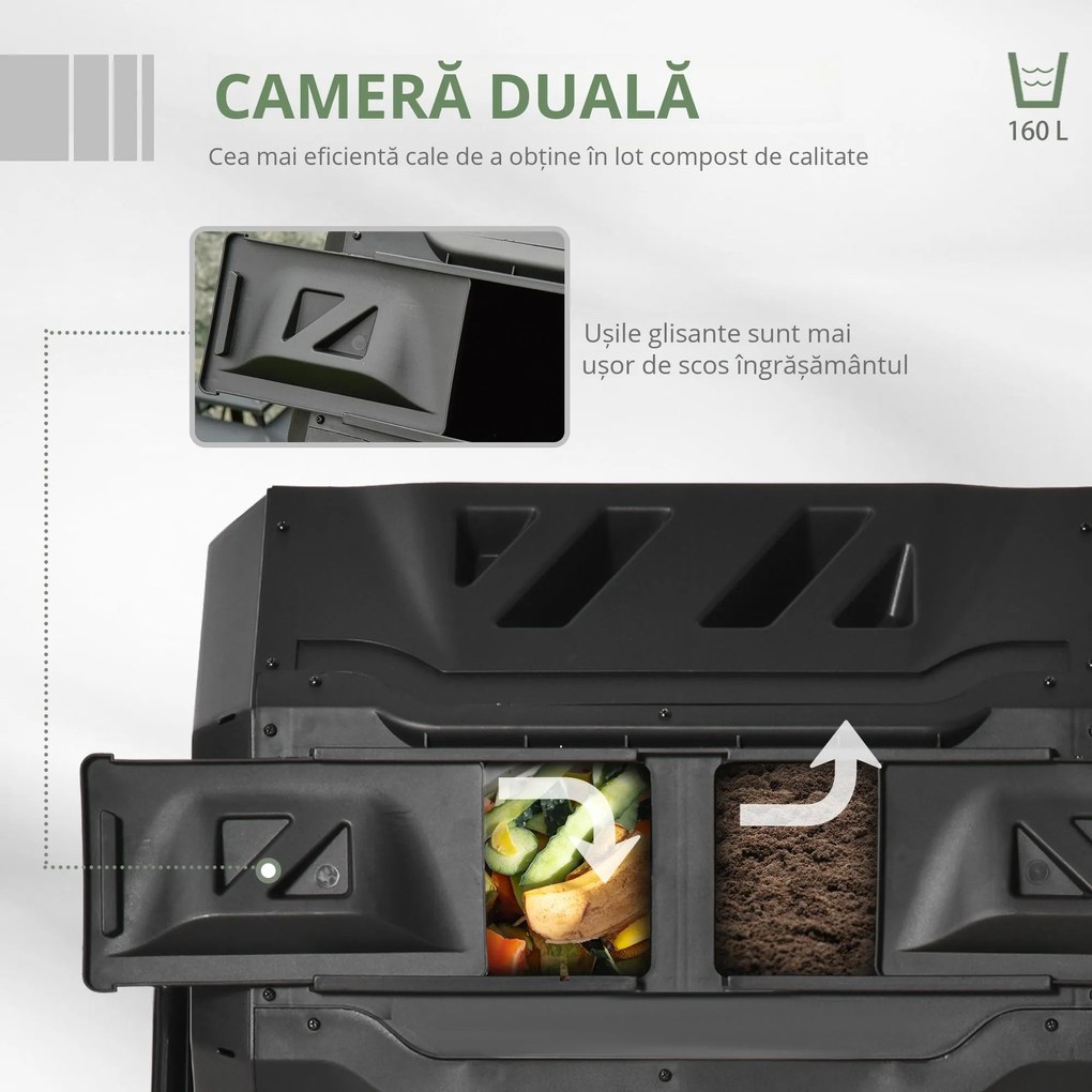 Outsunny Compostor Domestic de Grădină și Balcon din Plastic, Recipient Rotativ pentru Compost, 71x64x96 cm, Negru | Aosom Romania