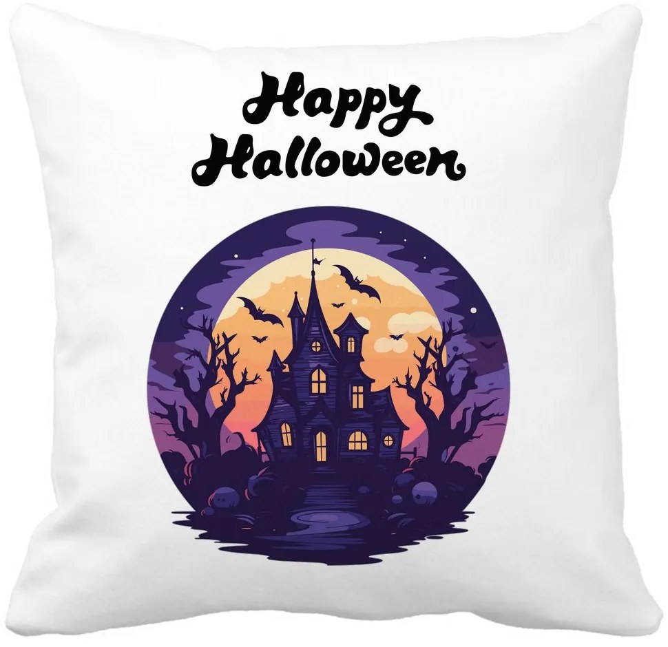 Perna Decorativa cu motiv de Halloween si Text, 40x40 cm, Alba, Mata, Husa Detasabila, Burduf