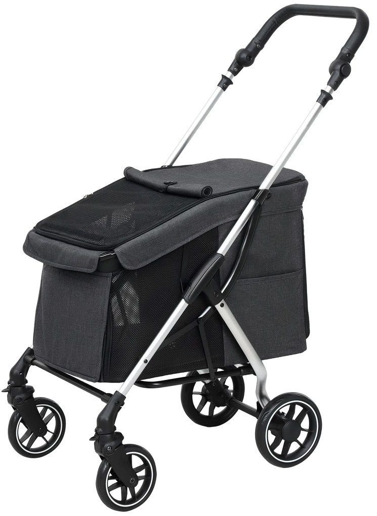 PawHut Cărucior pentru câini cu 4 roți, ușor și pliabil, pernă lavabilă, lesă de siguranță, ferestre multiple din plasă, gri | Aosom Romania