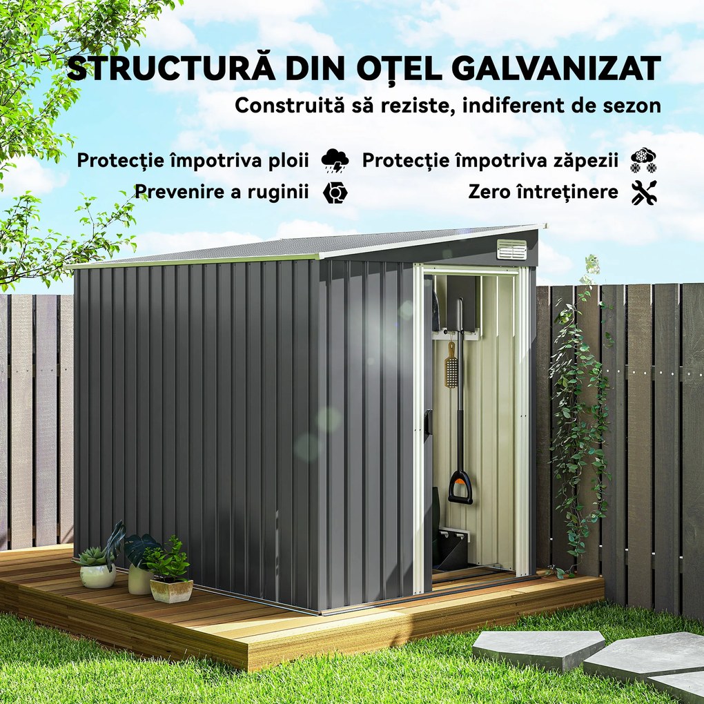 Outsunny Magazie Grădină din Oțel, Ușă Glisantă, 154x206.5x160/181 cm, Gri închis | Aosom Romania