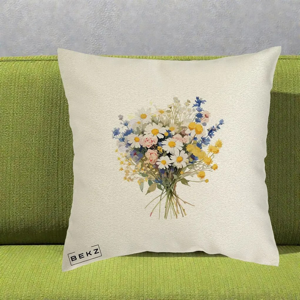 Perna Decorativa Buchet Camp Acuarela Margarete-Lavanda, 40x40 cm, Ecru, Husa Detasabila, Perna Inclusa, BEKZ®