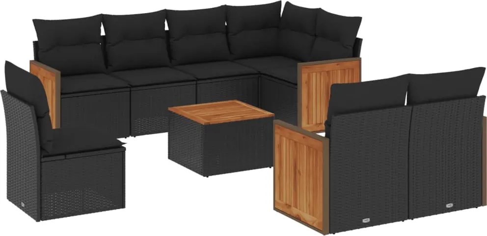 vidaXL Set mobilier de grădină cu perne, 9 piese, negru, poliratan