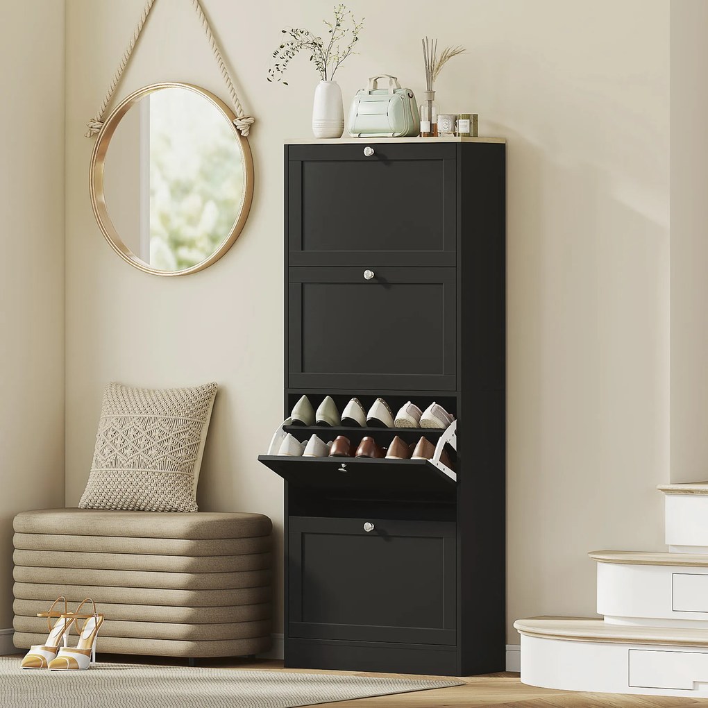 HOMCOM Pantofar Compact cu 4 Sertare și Rafturi Reglabile pe 2 Niveluri, 60 x 23,5 x 153,3 cm, Negru | Aosom Romania