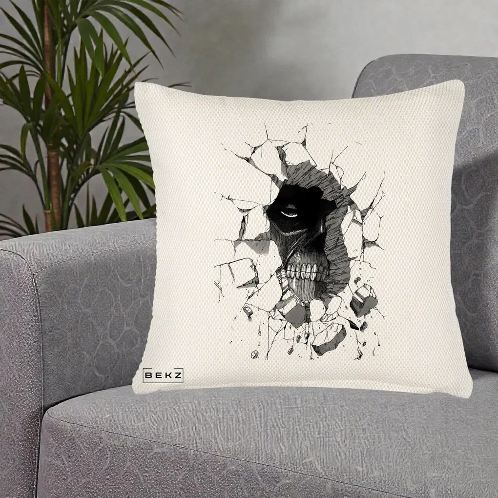 Perna Personalizata Attack on Titan Titan Crapand Zidul, 40x40 cm, Crem Reliefat, Husa Detasabila, Perna Inclusa, BEKZ®