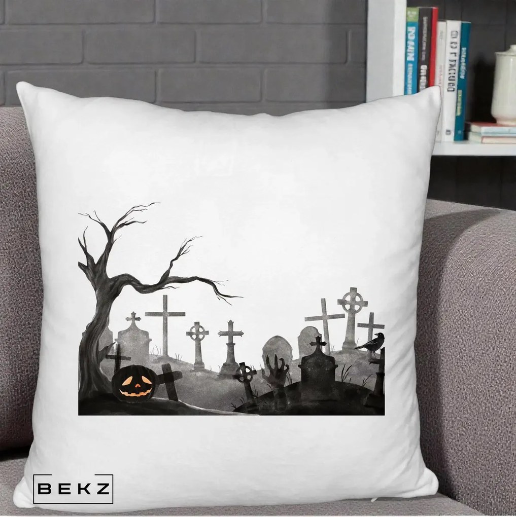 Perna Decorativa Halloween Cimitir Acuarela cu Dovleac, 40x40 cm, Alb Pufos, Husa Detasabila, Perna Inclusa, BEKZ®