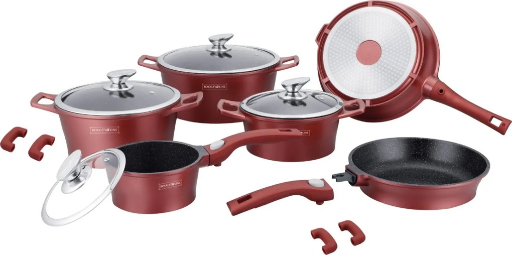 Set oale si tigai marmorate cu capace, 14 piese, manere detasabile, antiaderente, rosu burgund Royalty Line ES 2014M