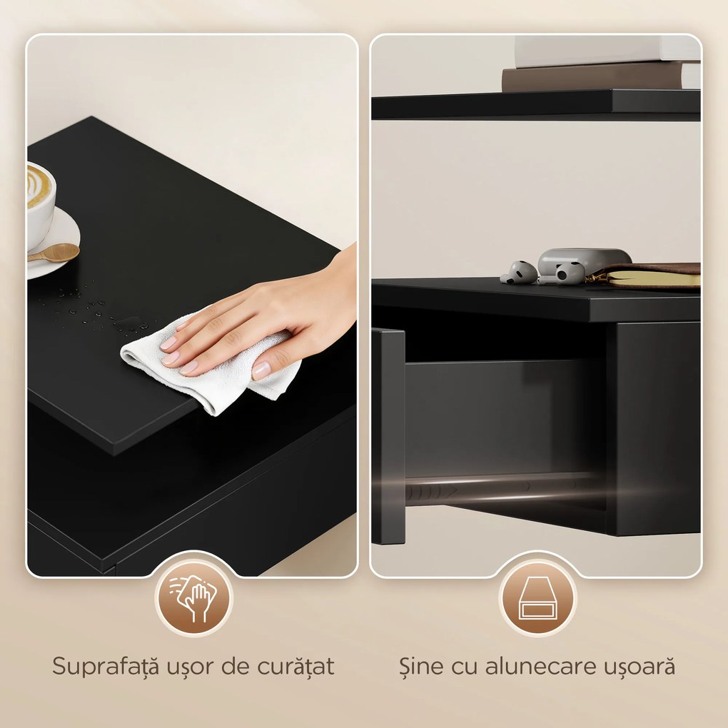 HOMCOM Set de 2 Noptiere Suspendate cu Sertar și Raft Deschis, 35x32x22.5 cm, Negru | Aosom Romania