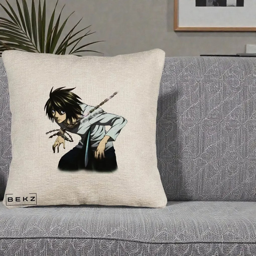 Perna Personalizata Death Note L Lawliet Lanturi, 40x40 cm, Bej Canapea, Husa Detasabila, Perna Inclusa, BEKZ®