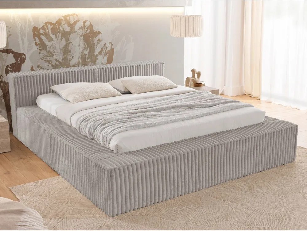 Pat matrimonial gri tapițat cu spațiu de depozitare cu somieră 160x200 cm Cloe – Ropez