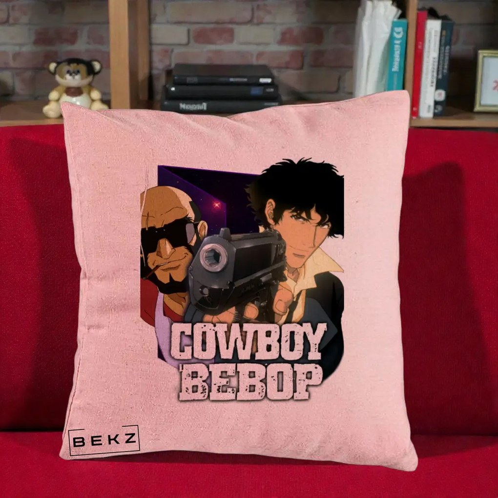 Perna Personalizata Cowboy Bebop Spike si Jet Poster, 40x40 cm, Roz, Husa Detasabila, Perna Inclusa, BEKZ®