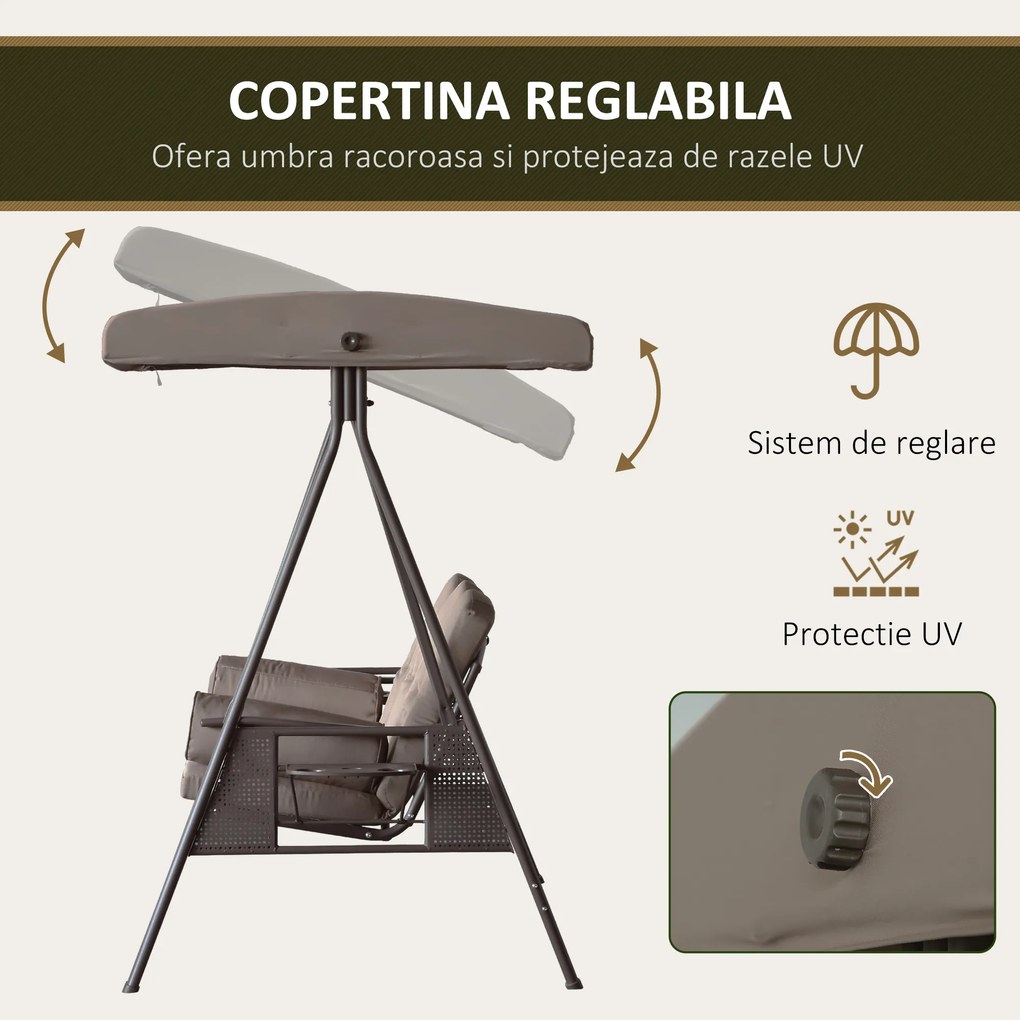 Outsunny Balansoar 3 Locuri Autoportant de Exterior, Cadru Rezistent, Șezut Căptușit cu Acoperiș Reglabil, Maro | Aosom Romania