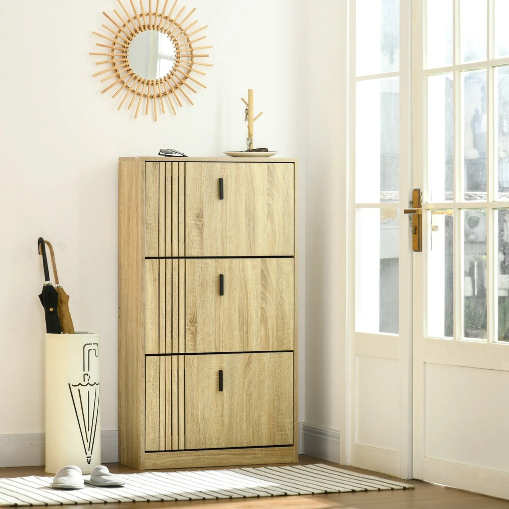 HOMCOM Dulap de pantofi cu 3 uși culisante 18 perechi capacitate mare pentru intrare hol living 63 x 24 x 117 cm stejar | Aosom Romania