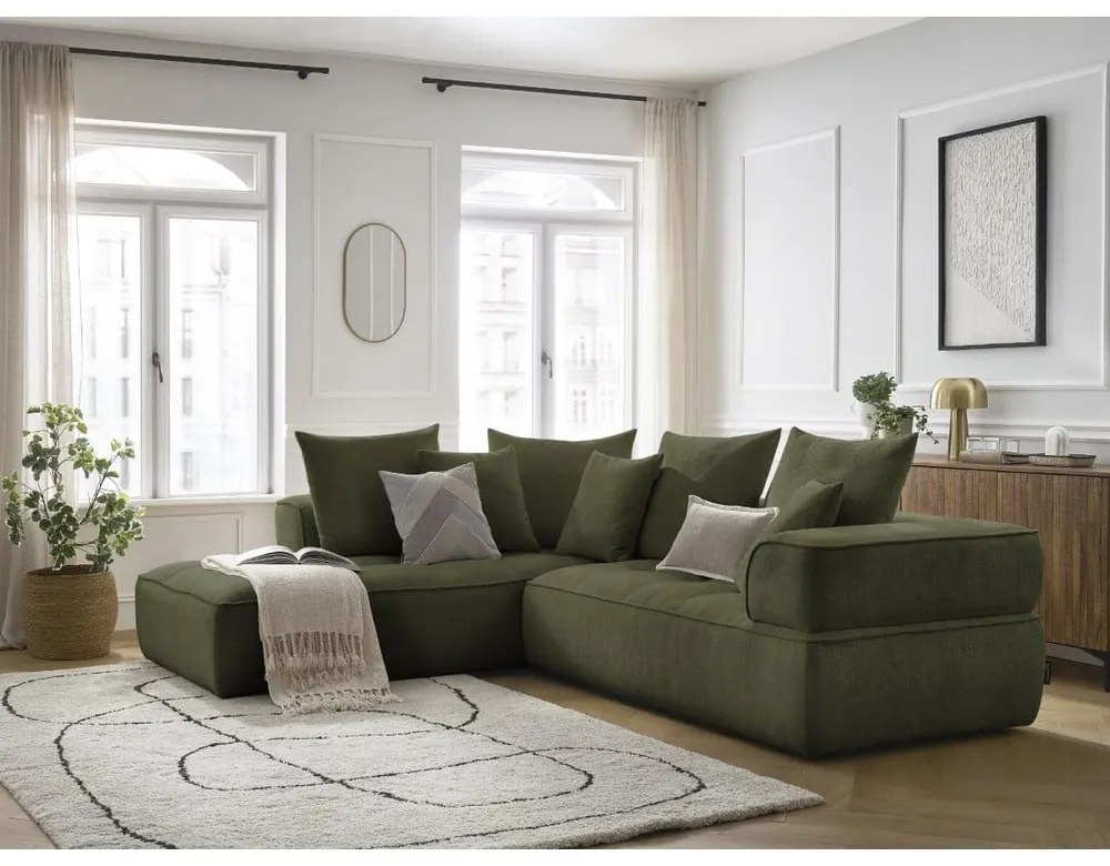 Colțar verde cu tapițerie din chenille (cu colț pe partea stângă/în formă de ”L”) Whesley – Bobochic Paris