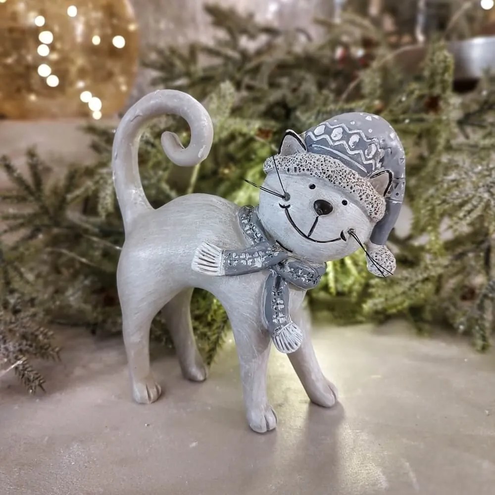 Decoratiune pisica, Winter Cat, gri, 14.5 cm - modele diverse