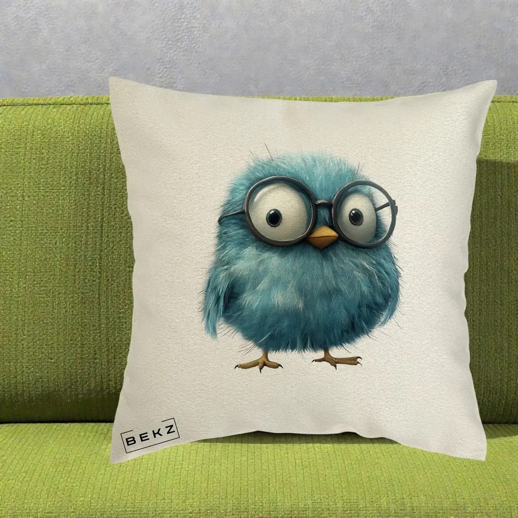 Perna Decorativa Pui Pufos Teal cu Ochelari, 40x40 cm, Ecru, Husa Detasabila, Perna Inclusa, BEKZ®