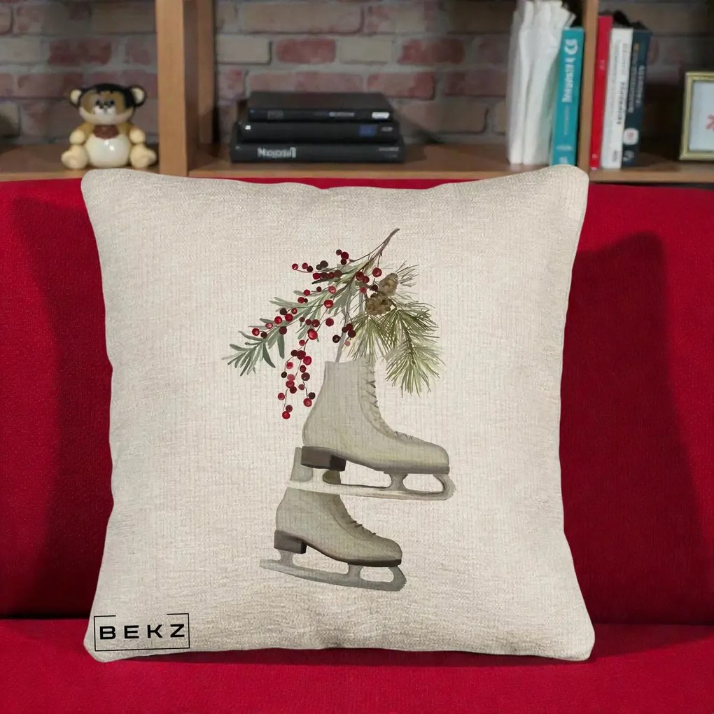 Perna Decorativa Patine cu Ramuri de Brad si Afine, 40x40 cm, Bej Canapea, Husa Detasabila, Perna Inclusa, BEKZ®