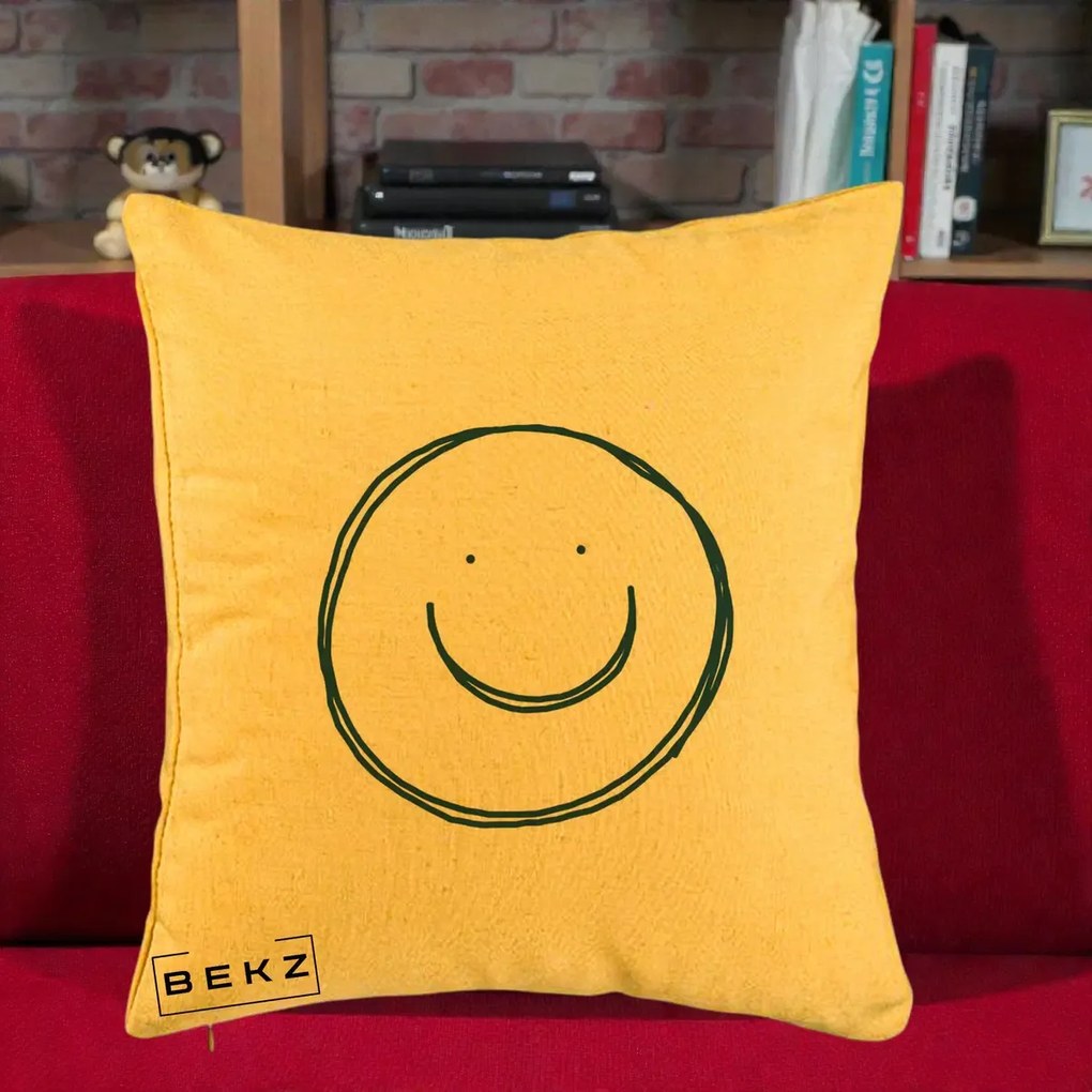 Perna Decorativa Smile Desen Minimalist, 40x40 cm, Galben, Husa Detasabila, Perna Inclusa, BEKZ®