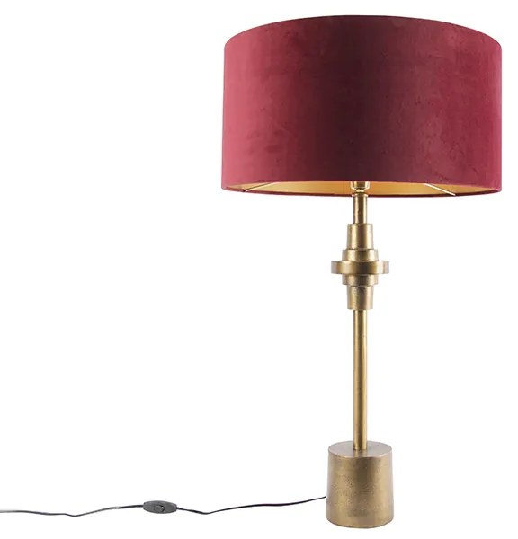 Lampă de masă Art Deco din bronz cu abajur din catifea roșie 50 cm - Diverso