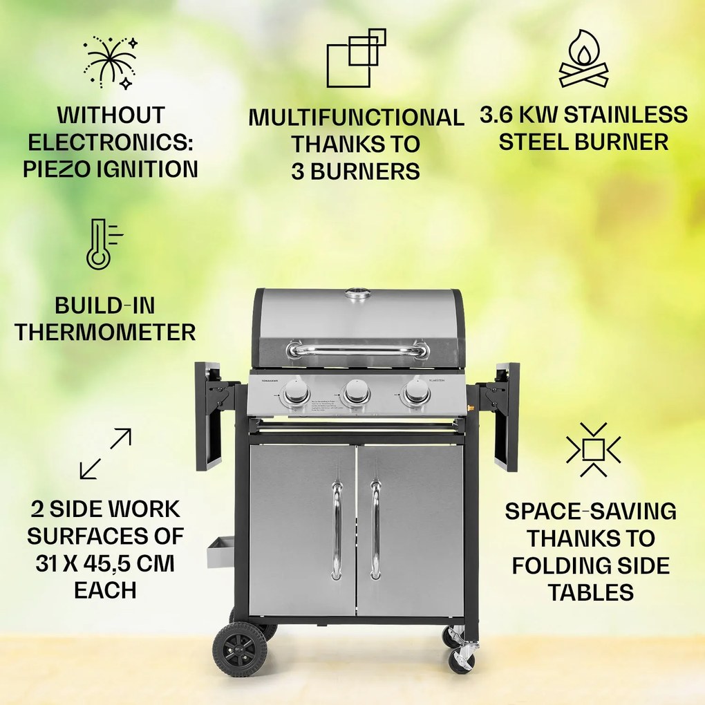 Tomahawk, grătar cu gaz, 3 arzătoare de 3,6 kW, 60 x 43,5 cm, grătar din oțel inoxidabil