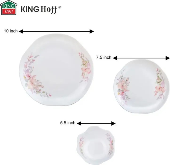Set de masă Kinghoff KH 2035, 18 piese, pentru 6 persoane, sticlă opală, motiv floral, alb