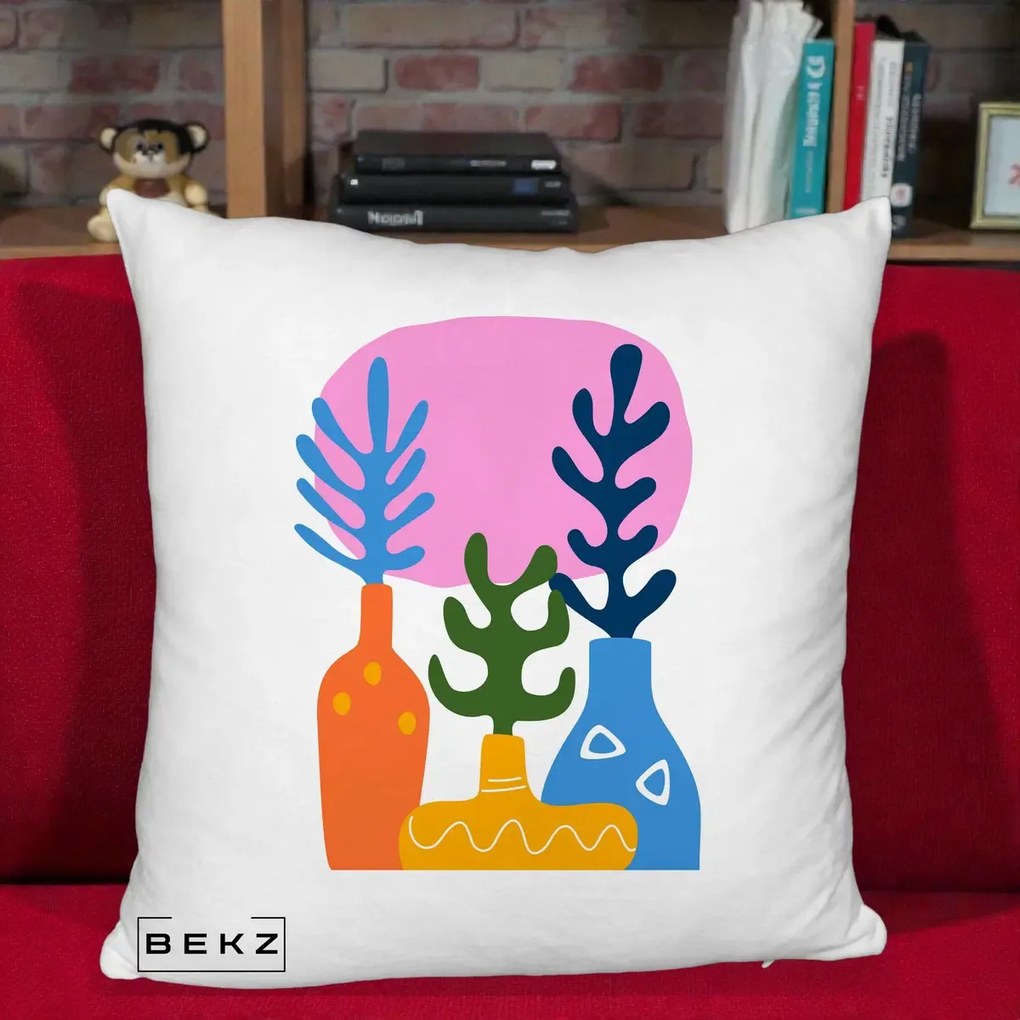 Perna Decorativa Vaze Botanice Abstract, 40x40 cm, Alb Pufos, Husa Detasabila, Perna Inclusa, BEKZ®