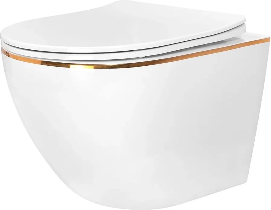 Set vas WC suspendat Rea Carlo rimless alb - auriu cu capac softclose